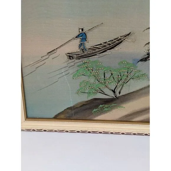 Vintage Pair of Japanese‎ Silk Paintings Embroidered Crewel Asian Mount Fuji MCM Mixed Media